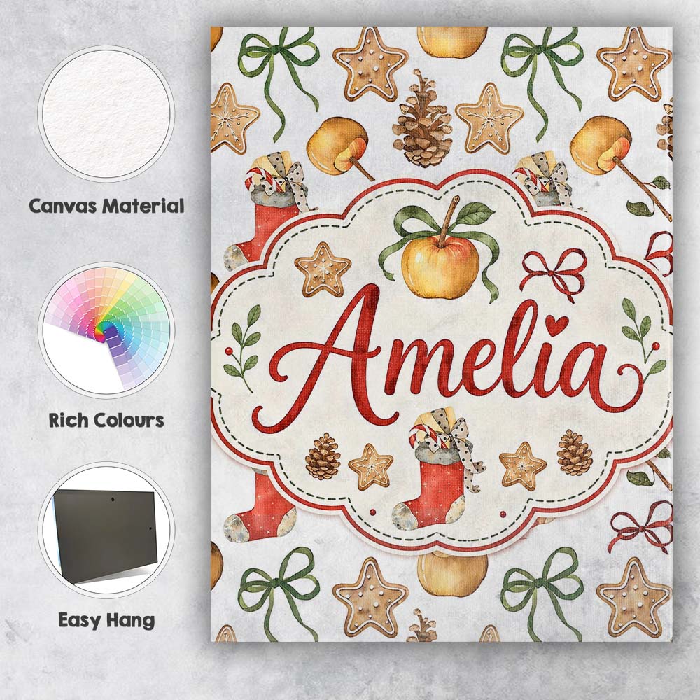 Personalised Name Cute Christmas Apples Custom Modern Room Accent Elegant Feature Canvas Wall Art Print Decor Picture Ready to Hang