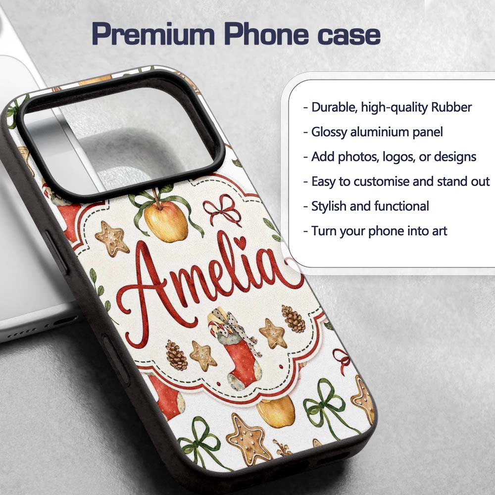 Cute Christmas Apples Pinecone Printed Design Custom Name Protective Phone Case Mobile Cover Durable Everyday Smartphone Shock Resistant