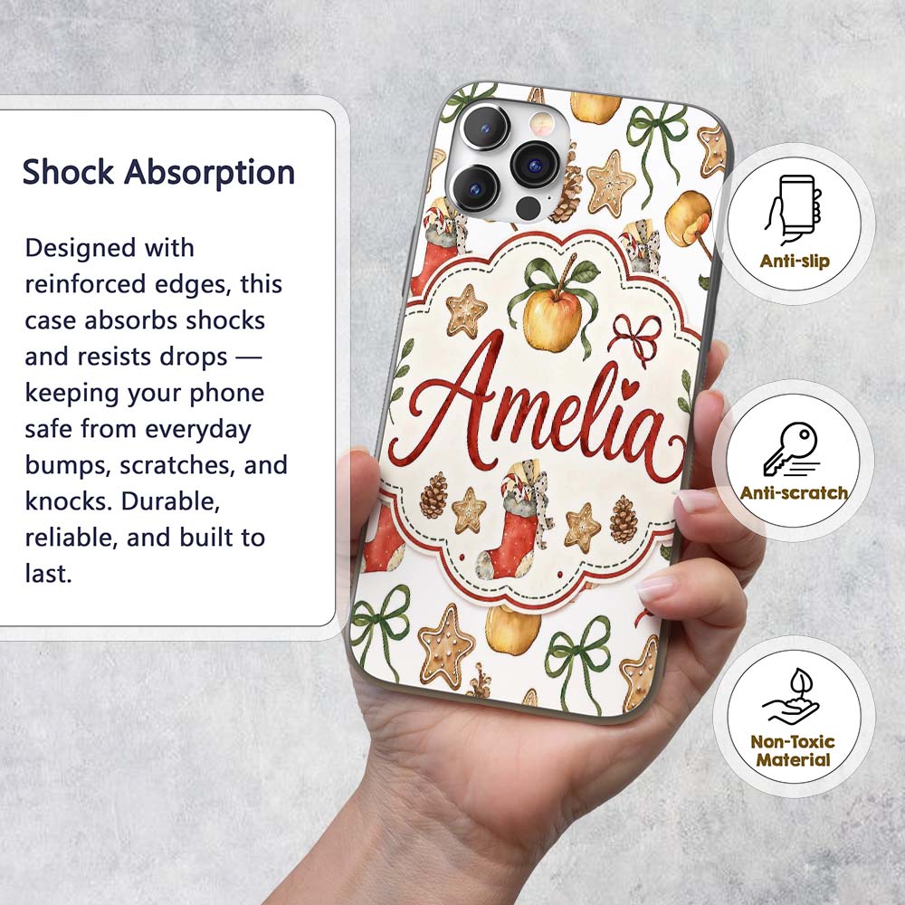 Cute Christmas Apples Pinecone Printed Design Custom Name Protective Phone Case Mobile Cover Durable Everyday Smartphone Shock Resistant