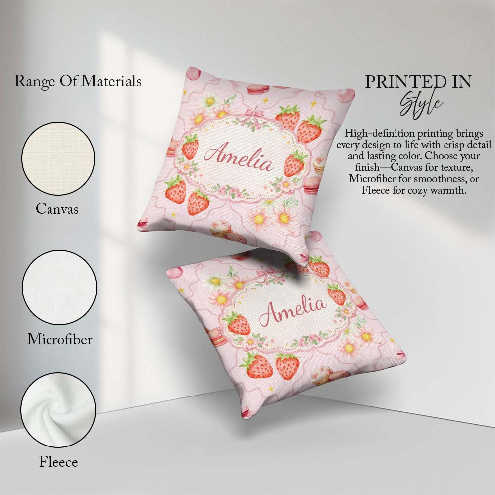 Custom Name Cherry Bow Daisy Cherry Pink Coquette Floral Design Square Filled Cushion Throw Pillow Sofa Bed Home Decor Zip Washable UK Made