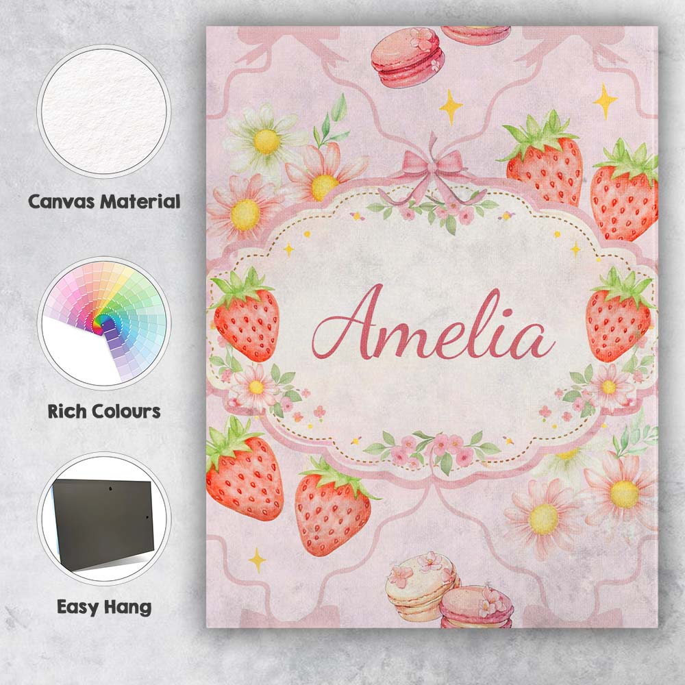 Personalised Name Strawberry Cherry Bow Daisy Pink Cute Custom Premium Decorative Design Canvas Wall Art Print Decor Picture Ready to Hang