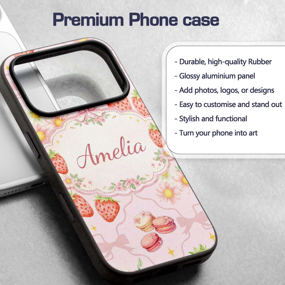 Strawberry Cherry Bow Daisy Cherry Pink Cute Custom Name Protective Phone Case Mobile Cover Durable Everyday Smartphone Shock Resistant