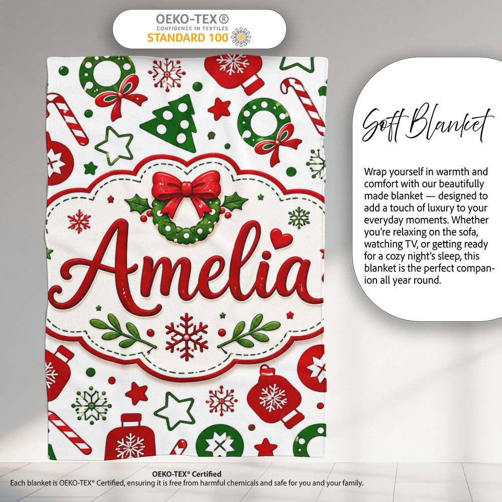 Cute Christmas Ornaments Candy Cane Tree Wreath Seamless Pattern Personalised Custom Name Super Soft Fleece Blanket Bed Sofa Throw
