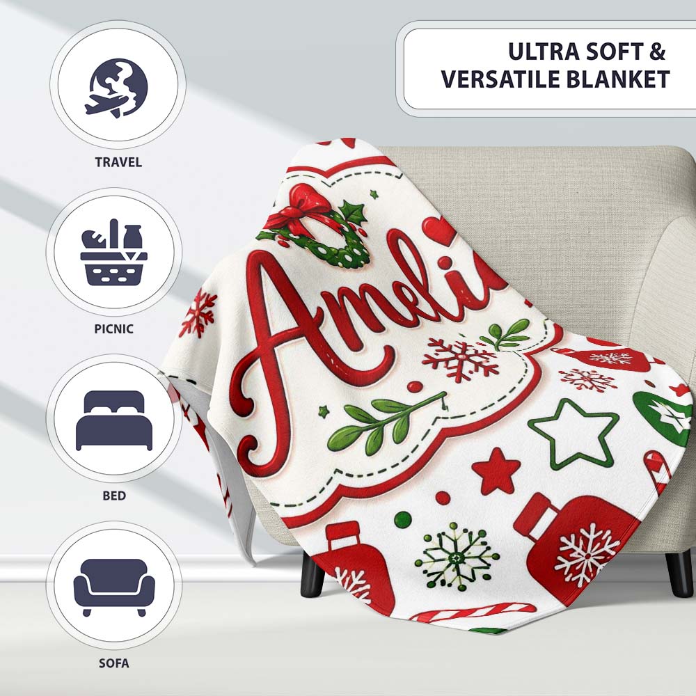 Cute Christmas Ornaments Candy Cane Tree Wreath Seamless Pattern Personalised Custom Name Super Soft Fleece Blanket Bed Sofa Throw