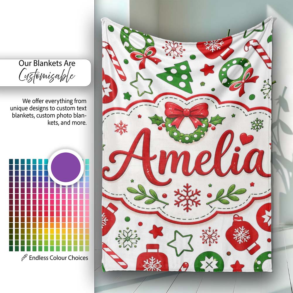 Cute Christmas Ornaments Candy Cane Tree Wreath Seamless Pattern Personalised Custom Name Super Soft Fleece Blanket Bed Sofa Throw