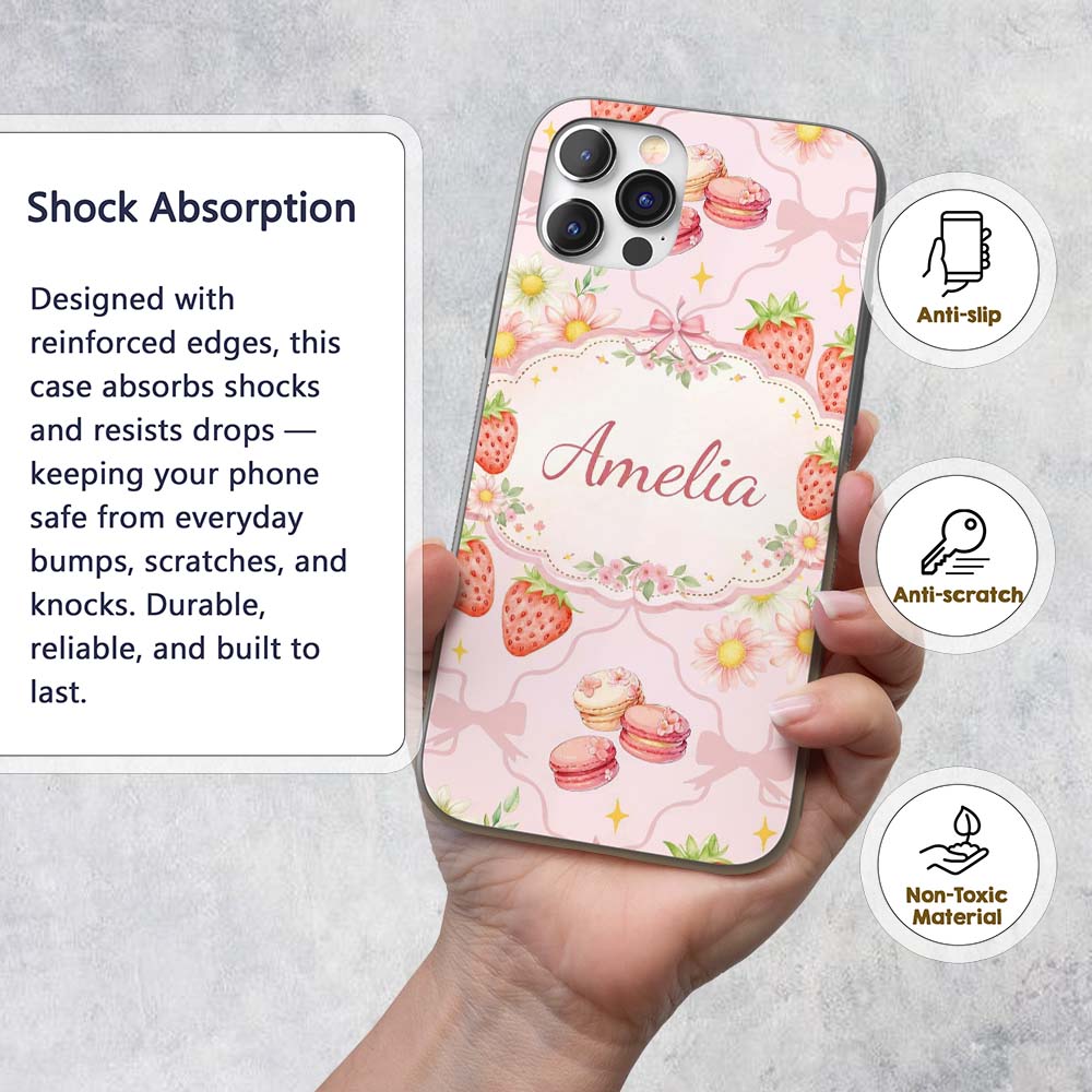 Strawberry Cherry Bow Daisy Cherry Pink Cute Custom Name Protective Phone Case Mobile Cover Durable Everyday Smartphone Shock Resistant