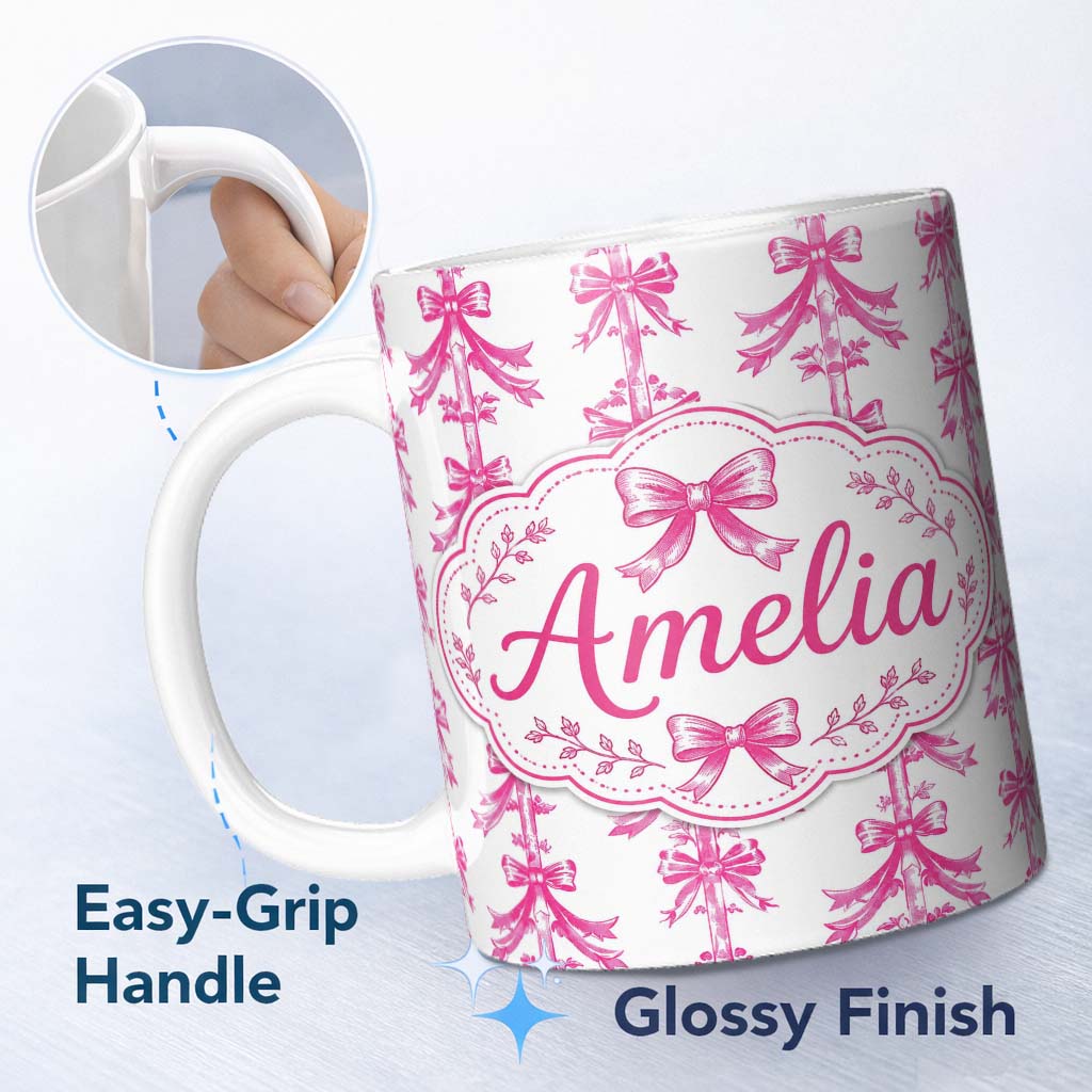 Personalized Custom Name Vintage Pink Ribbon Bow Stripe Elegant Seamless Pattern Lovely 11oz Ceramic Coffee Tea Mug White Large Handle