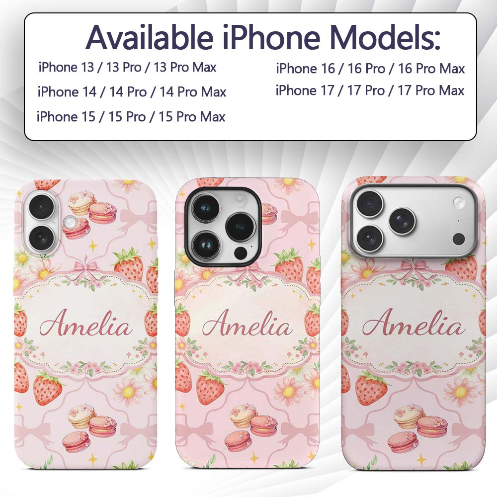 Strawberry Cherry Bow Daisy Cherry Pink Cute Custom Name Protective Phone Case Mobile Cover Durable Everyday Smartphone Shock Resistant