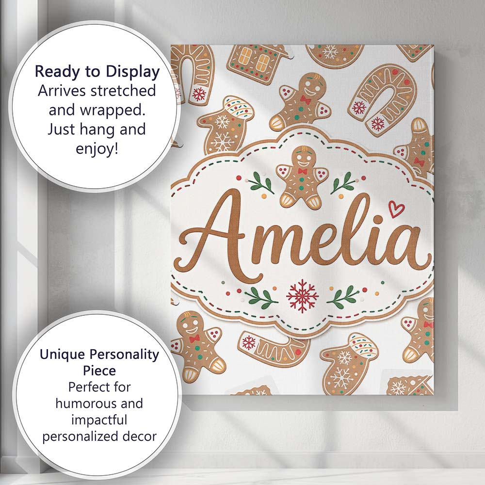 Personalised Name Cute Gingerbread Cookies Custom Unique Gift Idea Elegant Feature Canvas Wall Art Print Decor Picture Ready to Hang