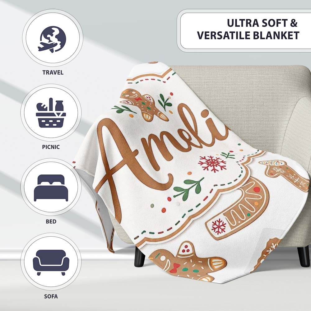 Cute Gingerbread Cookies Mittens Houses Seamless Pattern Lovely Personalised Custom Name Super Soft Fleece Blanket Bed Sofa Throw