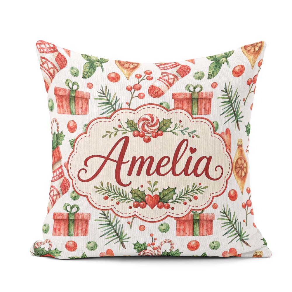 Custom Name Cute Christmas Stocking Gifts Holly Seamless Pattern Square Filled Cushion Throw Pillow Sofa Bed Home Decor Zip Washable UK Made