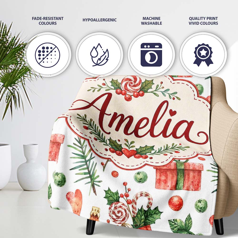 Cute Christmas Stocking Gifts Holly Leaves Seamless Pattern Lovely Personalised Custom Name Super Soft Fleece Blanket Bed Sofa Throw