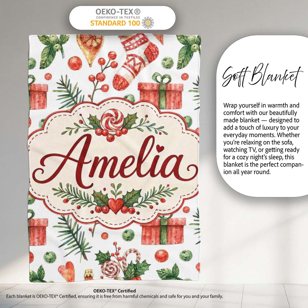 Cute Christmas Stocking Gifts Holly Leaves Seamless Pattern Lovely Personalised Custom Name Super Soft Fleece Blanket Bed Sofa Throw