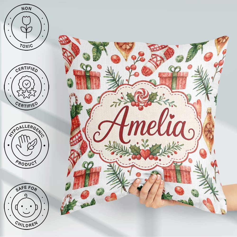 Custom Name Cute Christmas Stocking Gifts Holly Seamless Pattern Square Filled Cushion Throw Pillow Sofa Bed Home Decor Zip Washable UK Made
