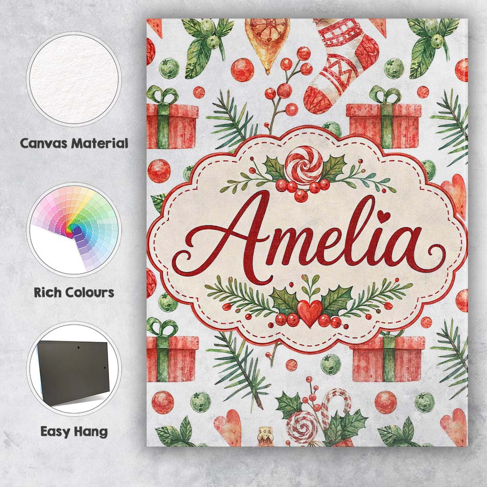 Personalised Name Cute Christmas Stocking Custom Unique Gift Idea Elegant Feature Canvas Wall Art Print Decor Picture Ready to Hang
