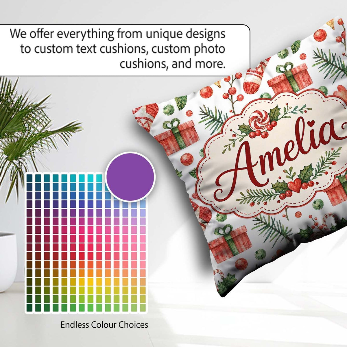 Custom Name Cute Christmas Stocking Gifts Holly Seamless Pattern Square Filled Cushion Throw Pillow Sofa Bed Home Decor Zip Washable UK Made