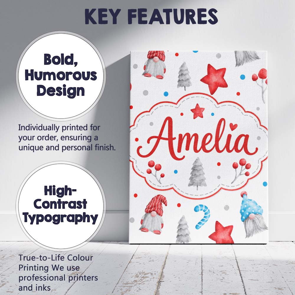 Personalised Name Cute Christmas Gnome Custom Modern Room Accent Elegant Feature Canvas Wall Art Print Decor Picture Ready to Hang