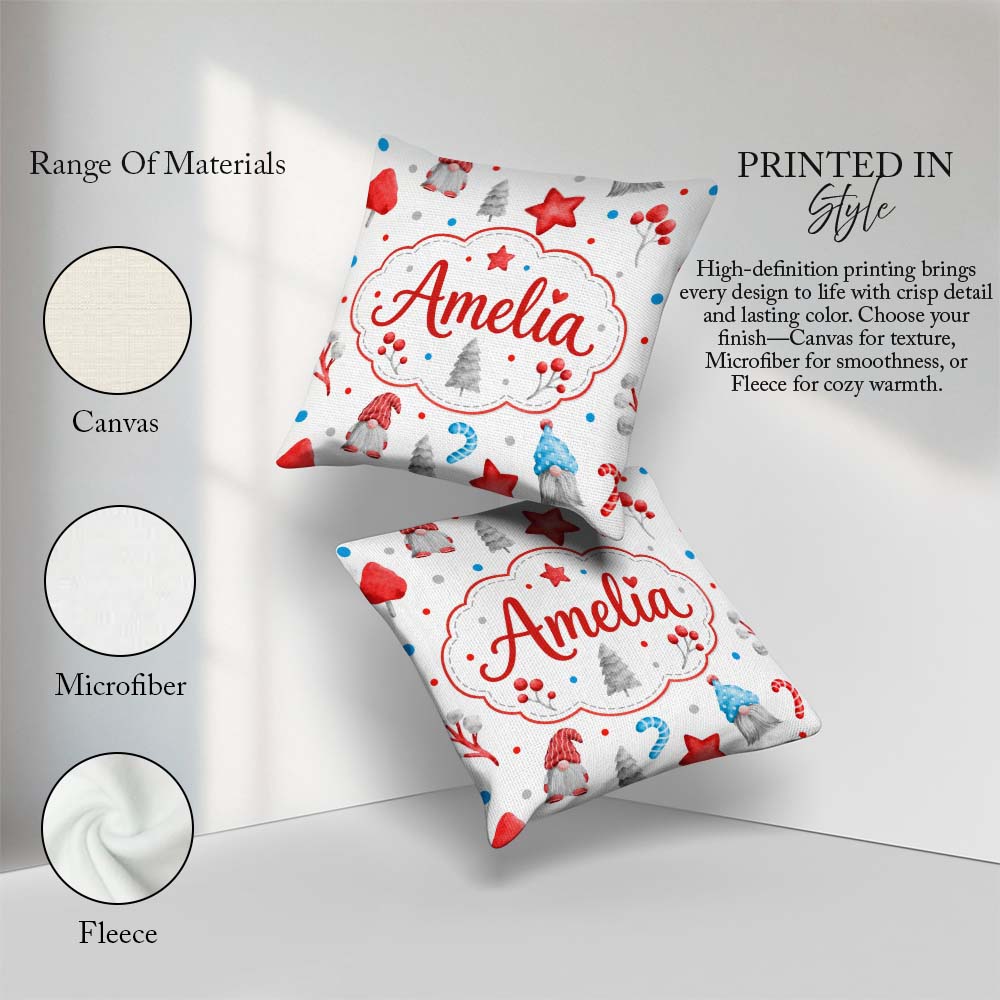 Custom Name Christmas Gnome Candy Cane Gifts Seamless Pattern Square Filled Cushion Throw Pillow Sofa Bed Home Decor Zip Washable UK Made
