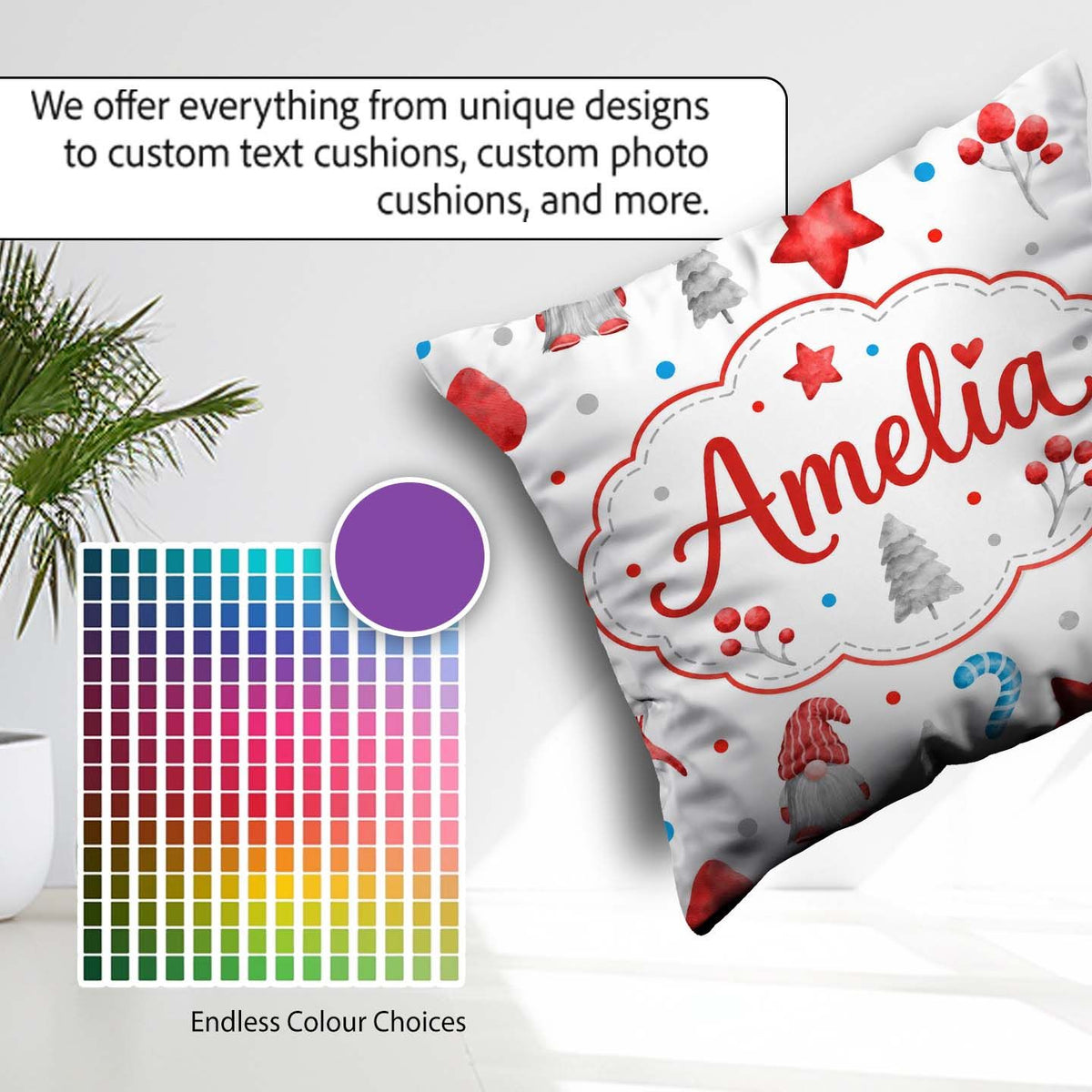 Custom Name Christmas Gnome Candy Cane Gifts Seamless Pattern Square Filled Cushion Throw Pillow Sofa Bed Home Decor Zip Washable UK Made