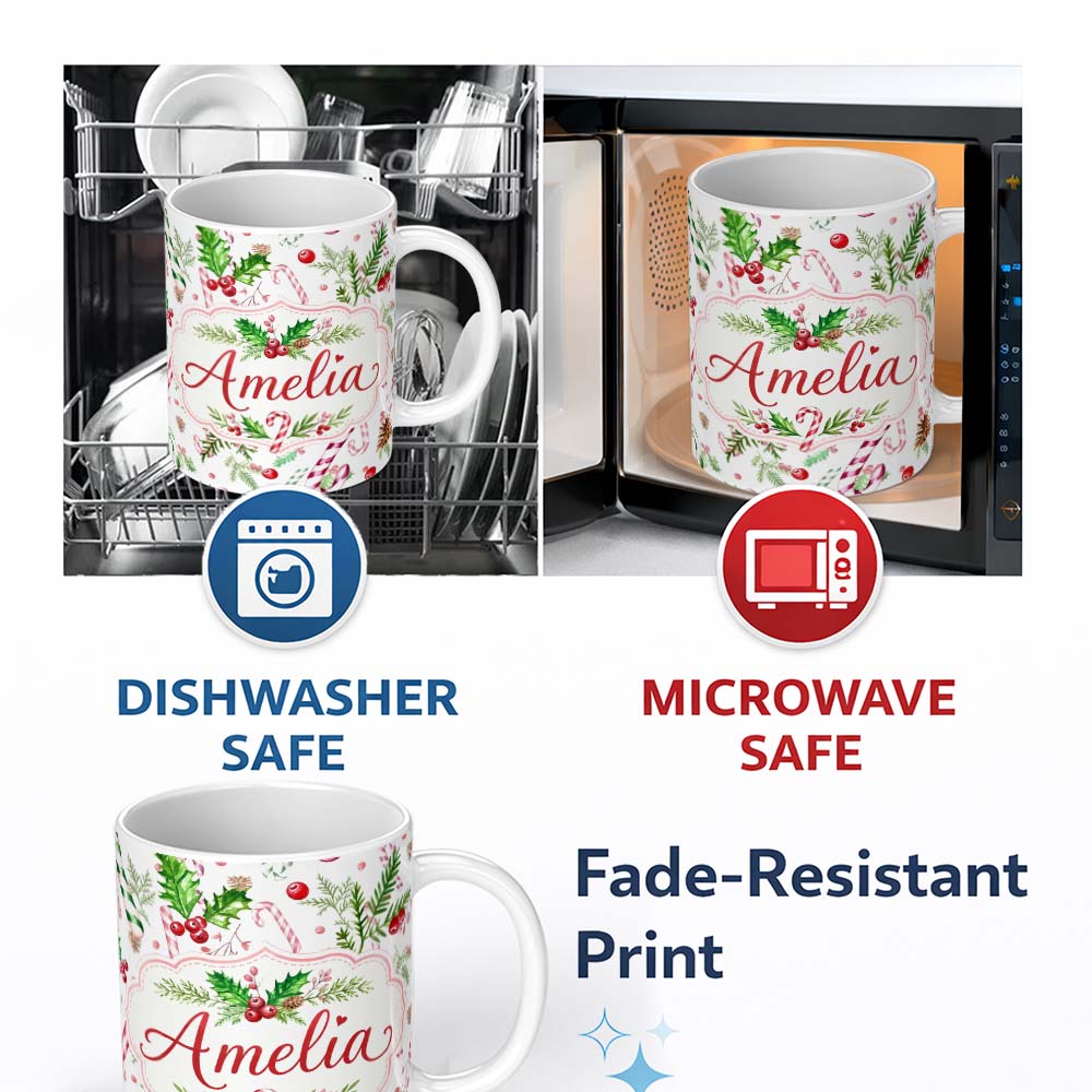 Personalized Custom Name Watercolor Candy Cane Holly Berry Pinecone Christmas Seamless Lovely 11oz Ceramic Coffee Tea Mug White Large Handle