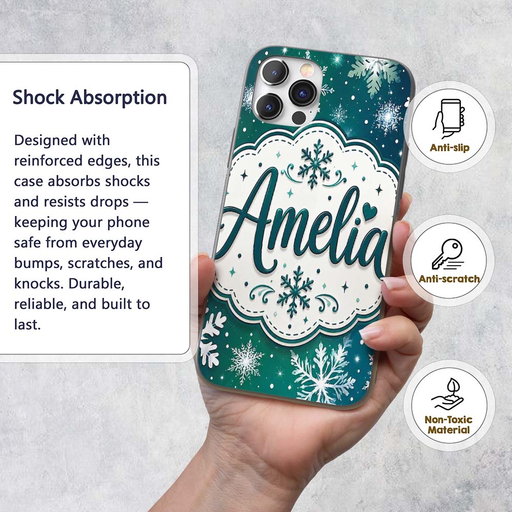 Elegant Blue Green Snowflake Winter Seamless Custom Name Protective Phone Case Mobile Cover Durable Everyday Smartphone Shock Resistant