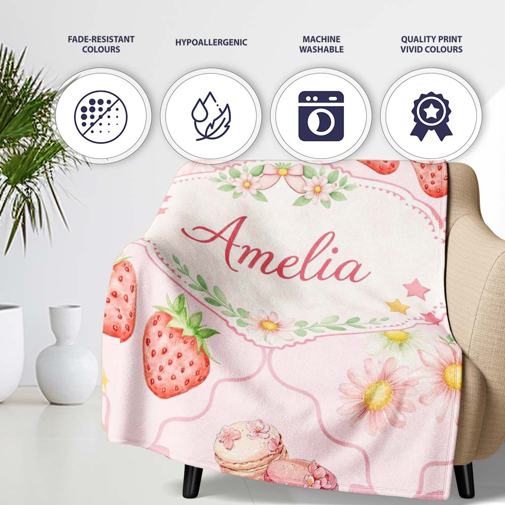 Strawberry Cherry Daisy Seamless Pattern Soft Pink Cute Coquette Personalised Custom Name Super Soft Fleece Blanket Bed Sofa Throw
