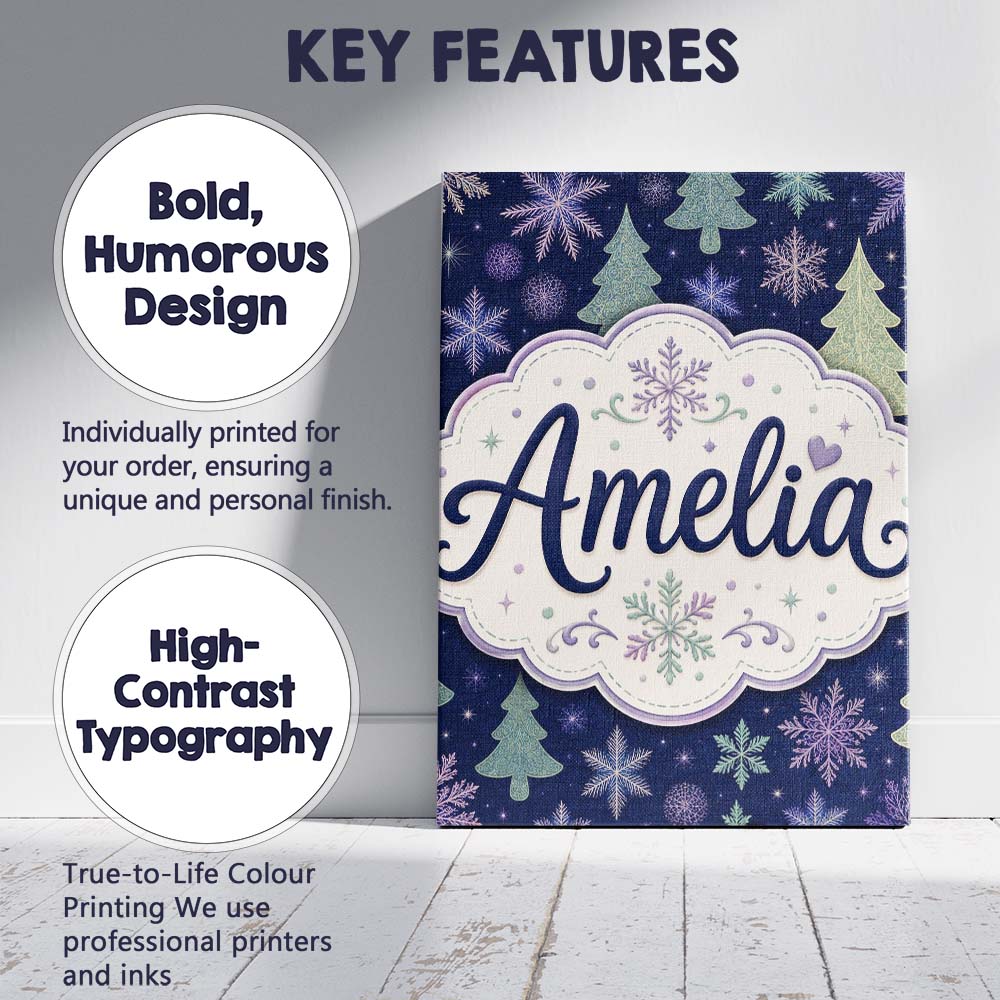 Personalised Name Elegant Winter Snowflakes Custom Bespoke Interior Contemporary Canvas Wall Art Print Decor Picture Ready to Hang