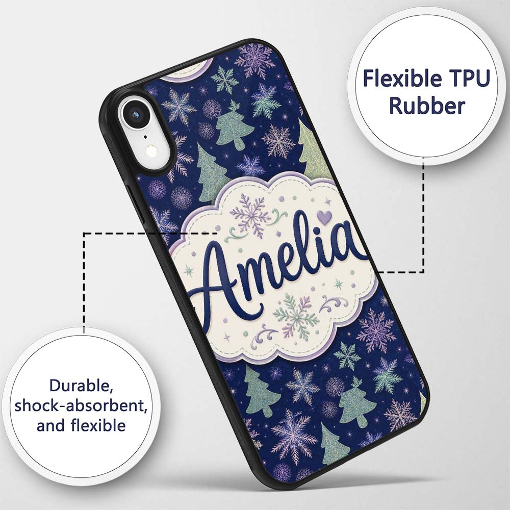 Elegant Winter Snowflakes and Christmas Trees Custom Name Protective Phone Case Mobile Cover Durable Everyday Smartphone Shock Resistant