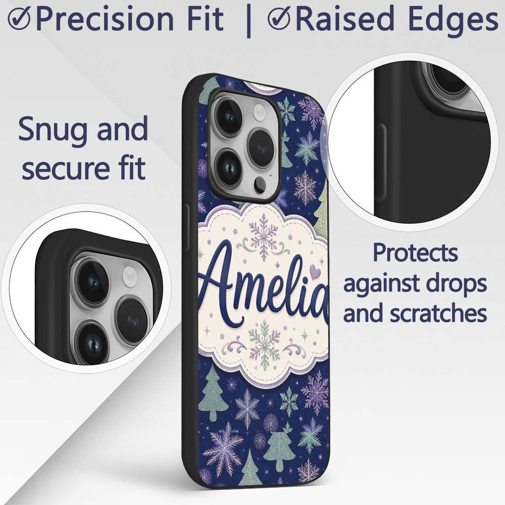 Elegant Winter Snowflakes and Christmas Trees Custom Name Protective Phone Case Mobile Cover Durable Everyday Smartphone Shock Resistant