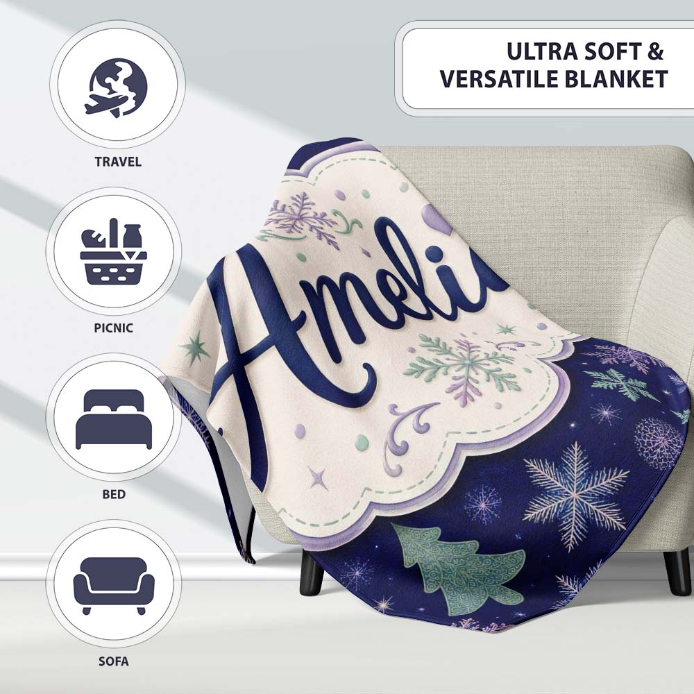 Elegant Winter Snowflakes and Christmas Trees Dark Blue Seamless Personalised Custom Name Super Soft Fleece Blanket Bed Sofa Throw