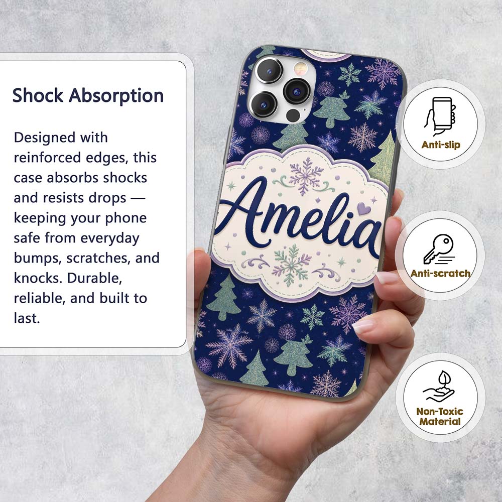 Elegant Winter Snowflakes and Christmas Trees Custom Name Protective Phone Case Mobile Cover Durable Everyday Smartphone Shock Resistant