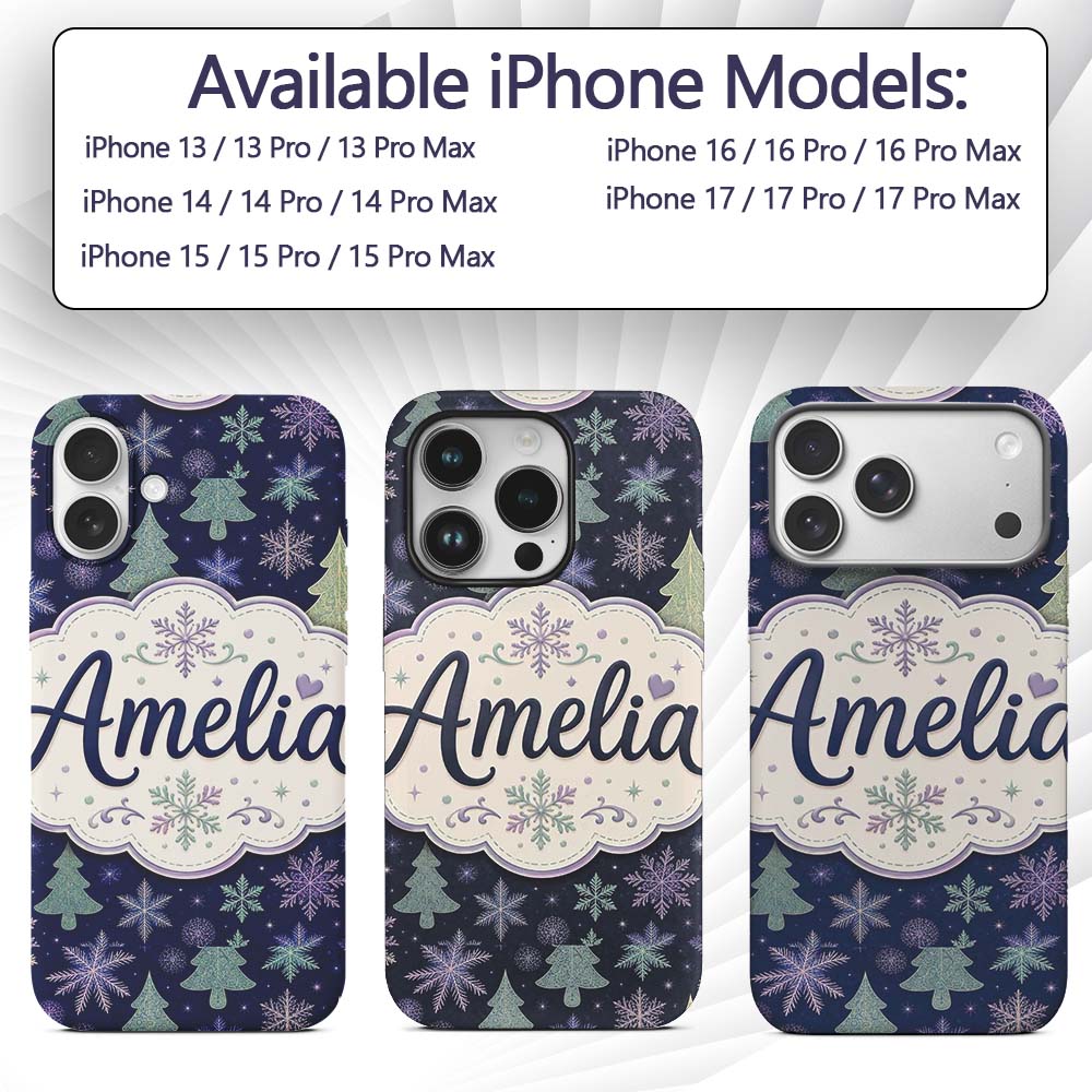 Elegant Winter Snowflakes and Christmas Trees Custom Name Protective Phone Case Mobile Cover Durable Everyday Smartphone Shock Resistant
