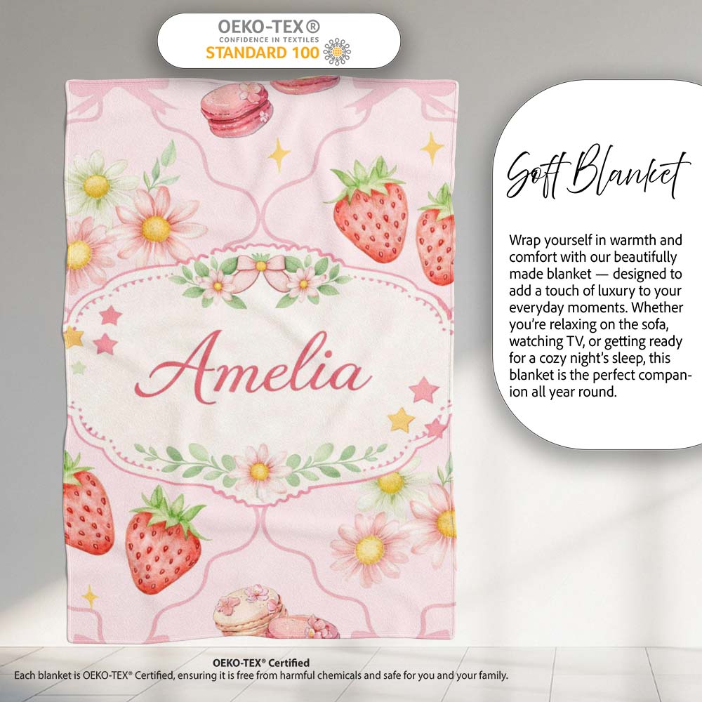 Strawberry Cherry Daisy Seamless Pattern Soft Pink Cute Coquette Personalised Custom Name Super Soft Fleece Blanket Bed Sofa Throw