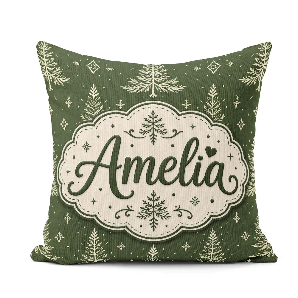 Custom Name Classic White Fir Trees Style Green Seamless Pattern Square Filled Cushion Throw Pillow Sofa Bed Home Decor Zip Washable UK Made
