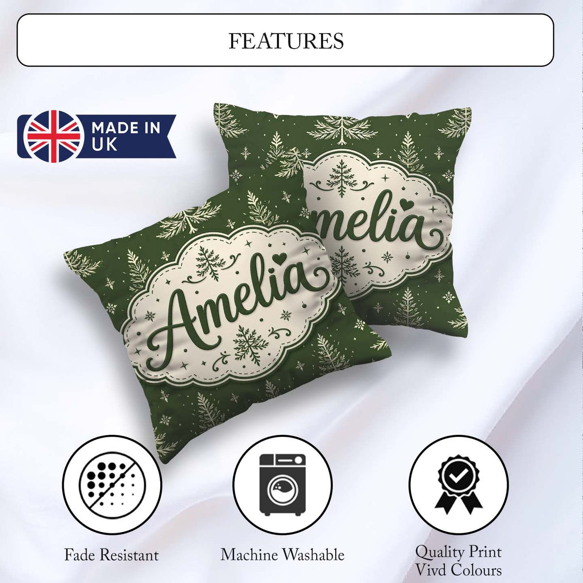 Custom Name Classic White Fir Trees Style Green Seamless Pattern Square Filled Cushion Throw Pillow Sofa Bed Home Decor Zip Washable UK Made