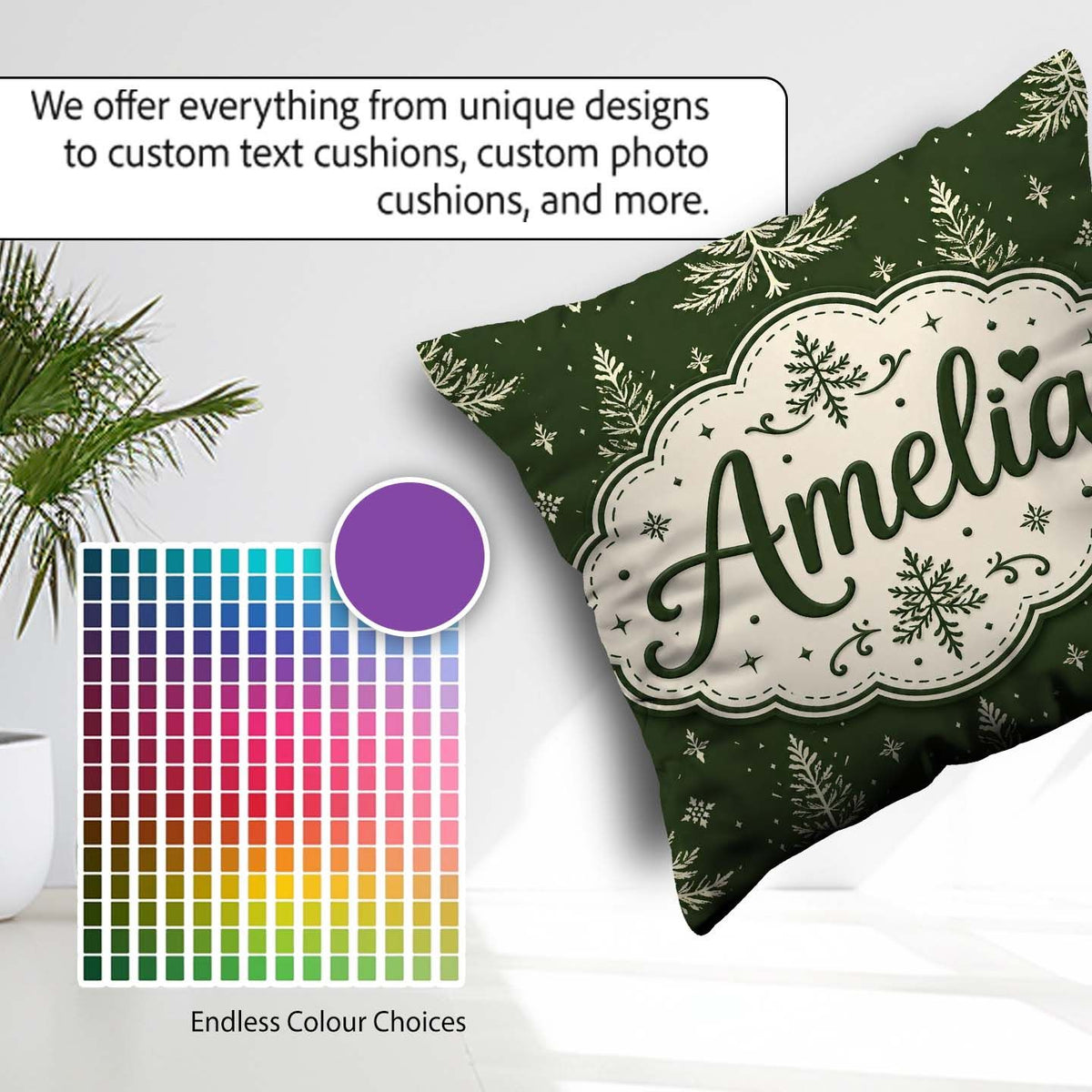Custom Name Classic White Fir Trees Style Green Seamless Pattern Square Filled Cushion Throw Pillow Sofa Bed Home Decor Zip Washable UK Made
