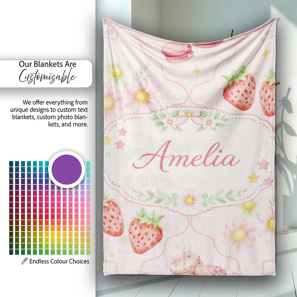 Strawberry Cherry Daisy Seamless Pattern Soft Pink Cute Coquette Personalised Custom Name Super Soft Fleece Blanket Bed Sofa Throw