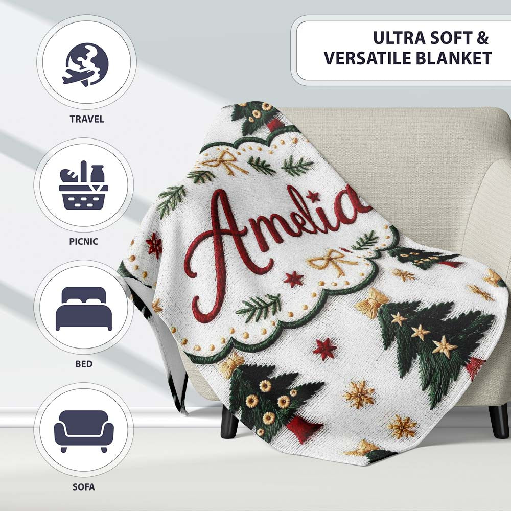 Festive Embroidered Christmas Trees Stars Seamless Pattern Lovely Personalised Custom Name Super Soft Fleece Blanket Bed Sofa Throw
