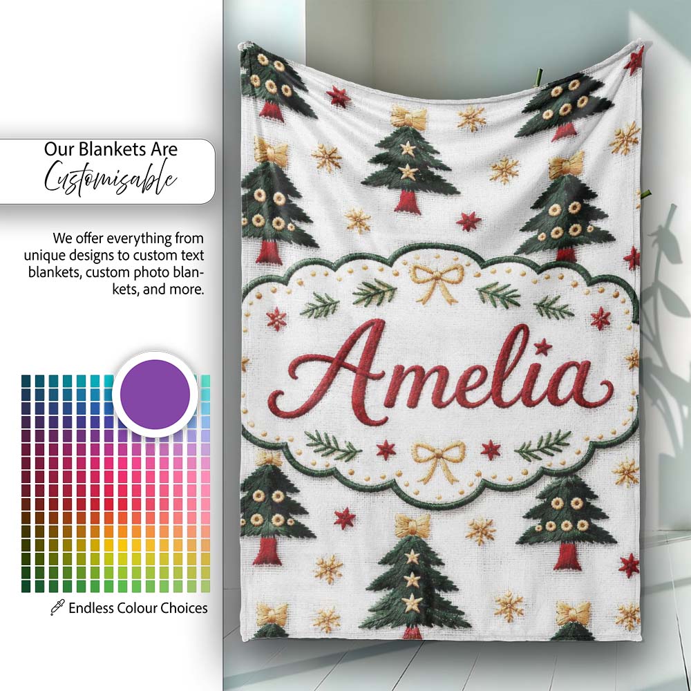 Festive Embroidered Christmas Trees Stars Seamless Pattern Lovely Personalised Custom Name Super Soft Fleece Blanket Bed Sofa Throw