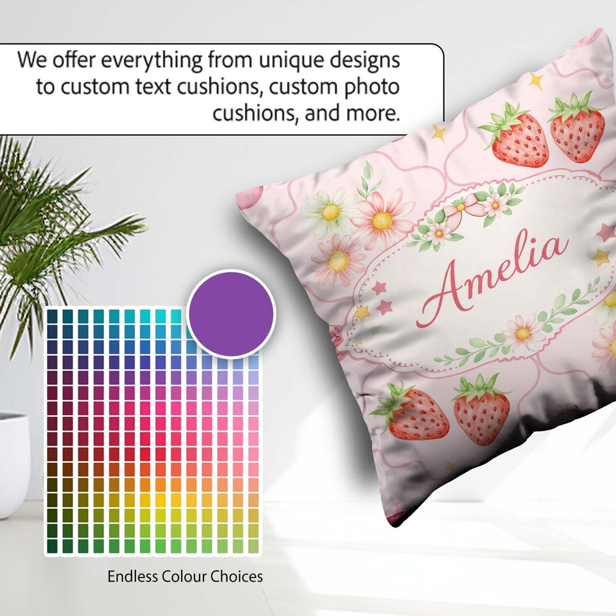 Custom Name Strawberry Daisy Seamless Pattern Soft Pink Coquette Square Filled Cushion Throw Pillow Sofa Bed Home Decor Zip Washable UK Made