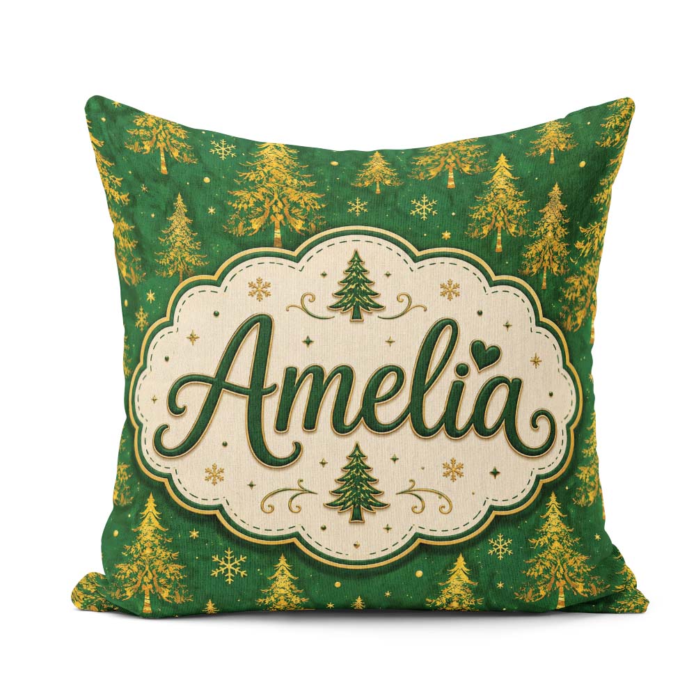 Custom Name Golden Christmas Trees Forest Green Seamless Pattern Square Filled Cushion Throw Pillow Sofa Bed Home Decor Zip Washable UK Made