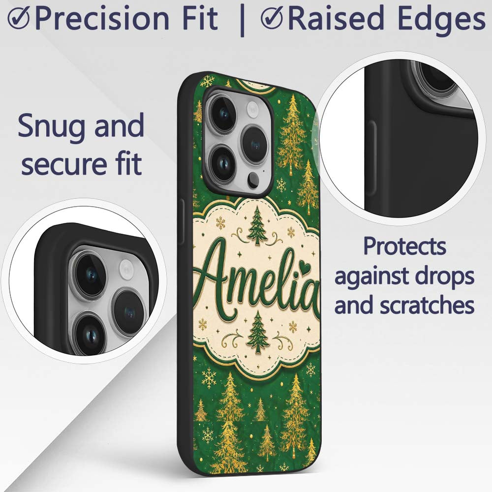 Golden Christmas Trees Forest Green Seamless Custom Name Protective Phone Case Mobile Cover Durable Everyday Smartphone Shock Resistant