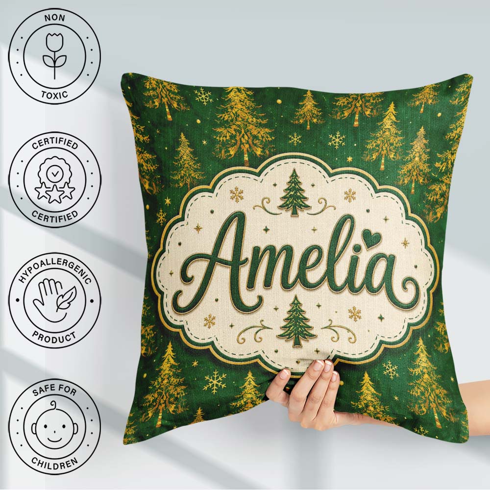 Custom Name Golden Christmas Trees Forest Green Seamless Pattern Square Filled Cushion Throw Pillow Sofa Bed Home Decor Zip Washable UK Made