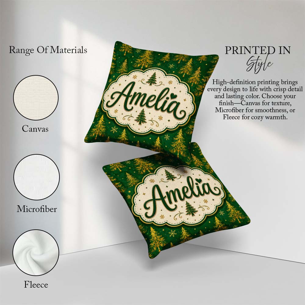 Custom Name Golden Christmas Trees Forest Green Seamless Pattern Square Filled Cushion Throw Pillow Sofa Bed Home Decor Zip Washable UK Made
