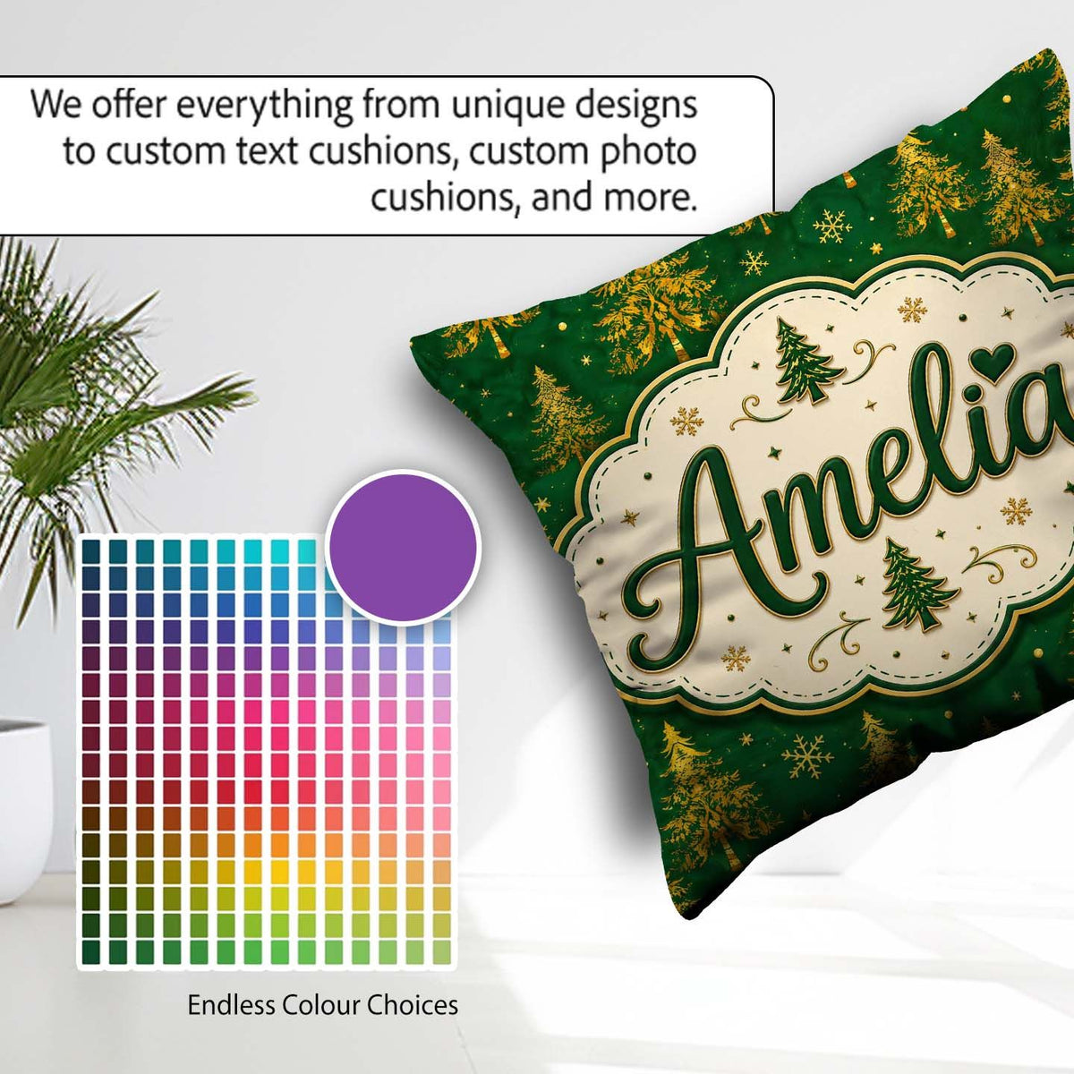 Custom Name Golden Christmas Trees Forest Green Seamless Pattern Square Filled Cushion Throw Pillow Sofa Bed Home Decor Zip Washable UK Made