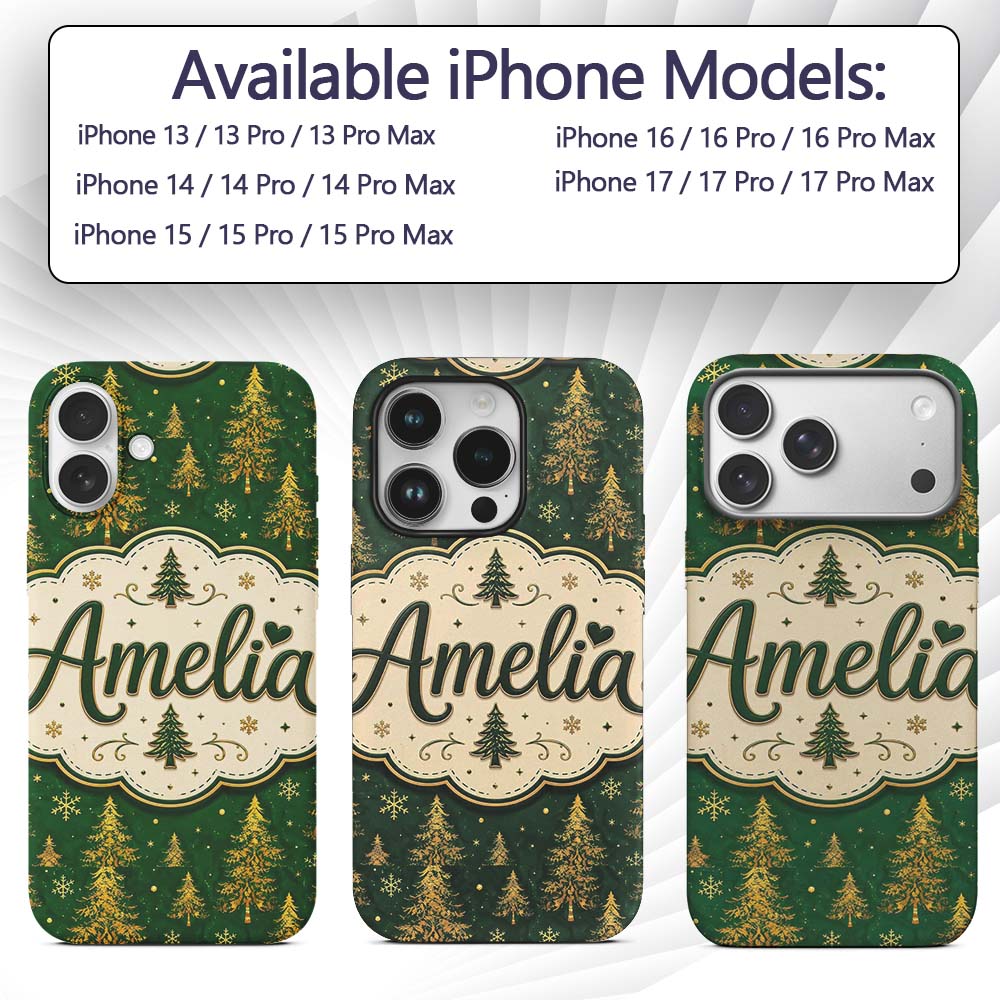 Golden Christmas Trees Forest Green Seamless Custom Name Protective Phone Case Mobile Cover Durable Everyday Smartphone Shock Resistant