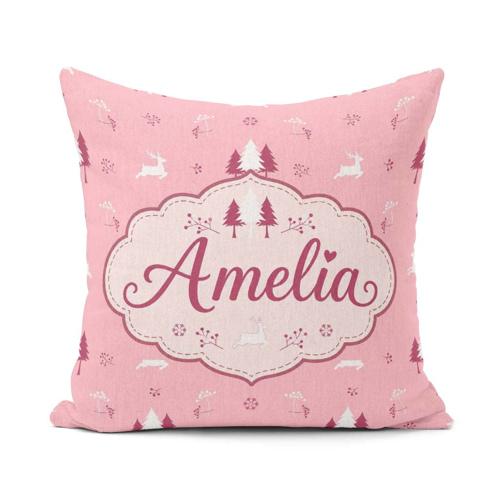 Custom Name Minimal Deer Forest Trees Pink Winter Pattern Lovely Square Filled Cushion Throw Pillow Sofa Bed Home Decor Zip Washable UK Made