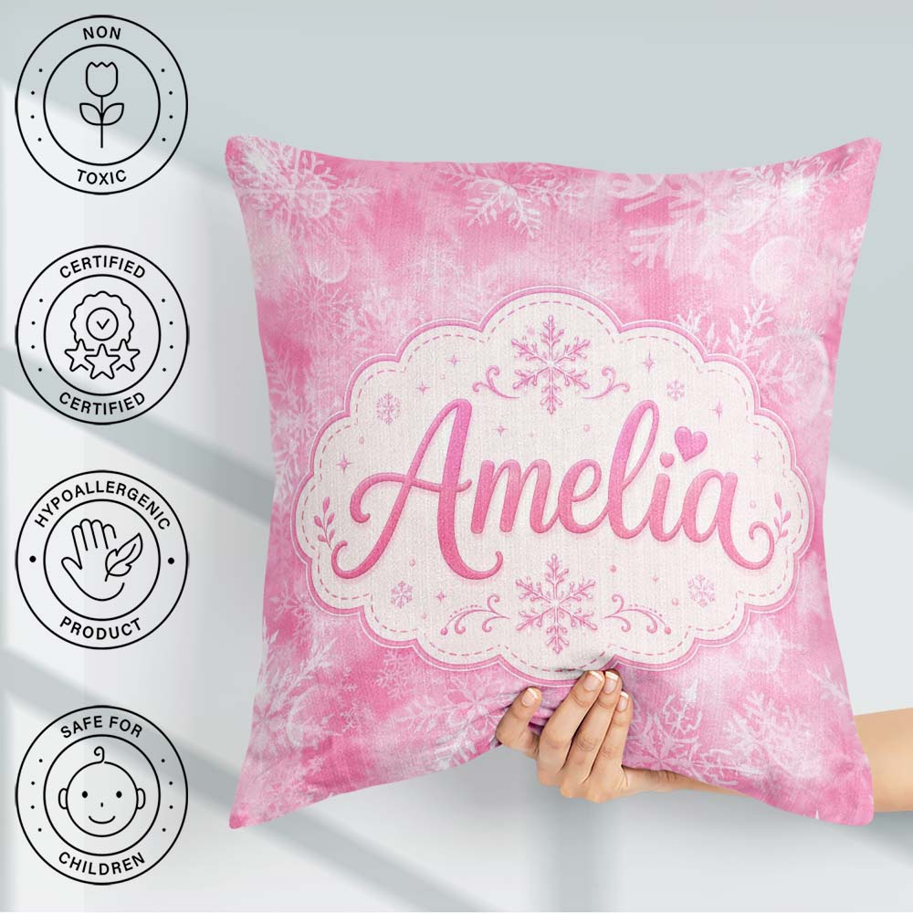Custom Name Soft Pink Winter Dreamy Glow Seamless Pattern Lovely Square Filled Cushion Throw Pillow Sofa Bed Home Decor Zip Washable UK Made