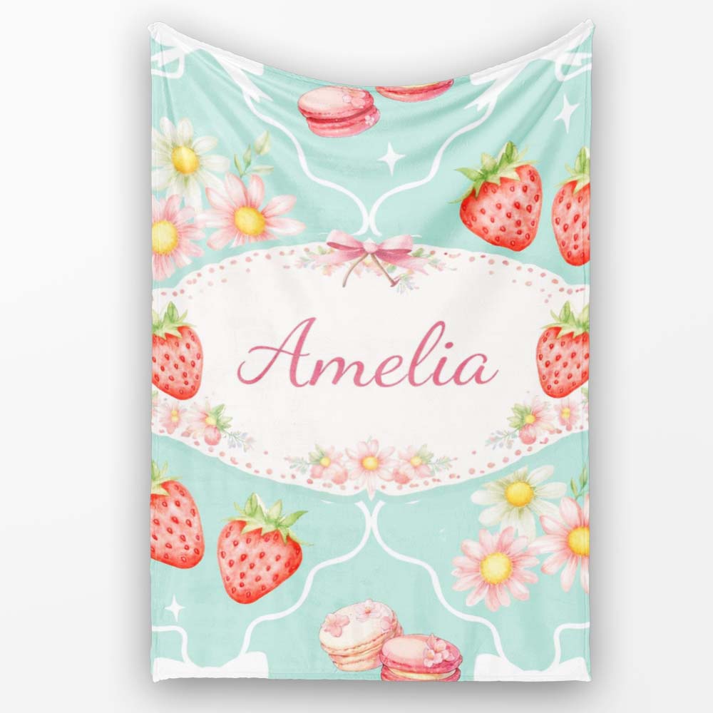 Strawberry Cherry Daisy Seamless Pattern Teal Cute Coquette Floral Personalised Custom Name Super Soft Fleece Blanket Bed Sofa Throw