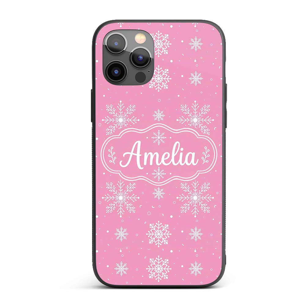 Cute Pink Snowflakes Minimal Winter Seamless Custom Name Protective Phone Case Mobile Cover Durable Everyday Smartphone Shock Resistant